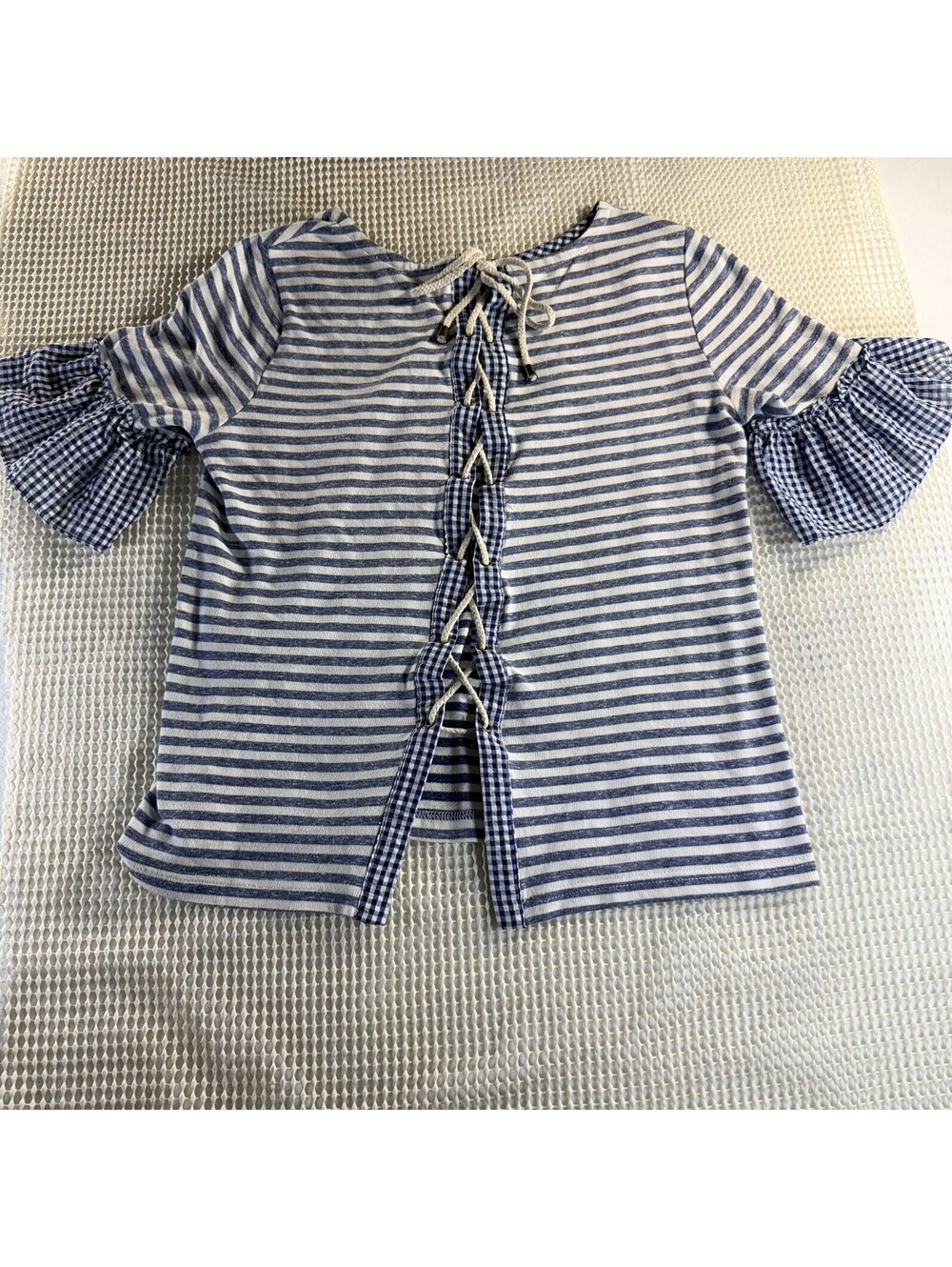 Copper Key women's Twee Striped Blue and White Lace Up Nautical Maiden top-Small